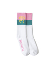 Load image into Gallery viewer, Striped Logo Head Socks - White/Teal/Pink
