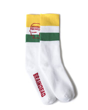 Load image into Gallery viewer, Logo Head Stripe Socks - White - Yellow/Green stripes

